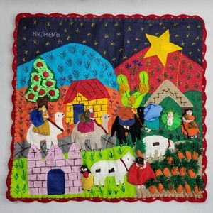 Vtg Handmade Peruvian Folk Art Nativity Scene Cotton Arpilleria - 3D Fabric Art